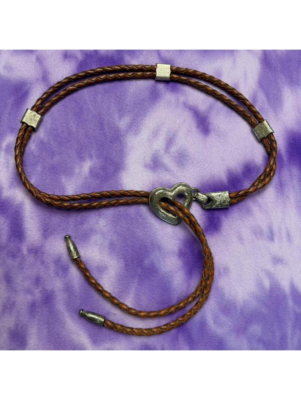 Brighton brown leather braided belt with silver tone heart detail